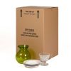 China and dish carton with green vase, dishes and glassware placed in front of it