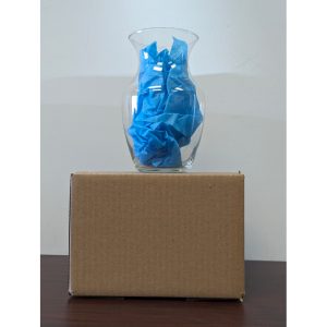 Vase with blue packing paper in it sits atop 9x6x6 stock box