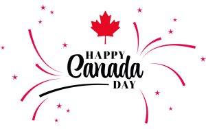 Happy Canada Day greeting with a red maple leaf and fireworks-like decorations