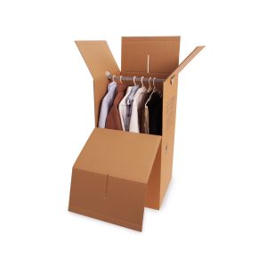 Wardrobe box with hangar bar holding up clothes