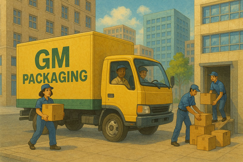 GM Packaging on the move - The team moves boxes from the loading dock to the moving truck.