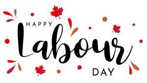 Happy Labour Day, with red Canadian maple leaf icons