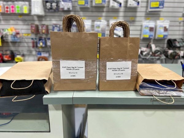 A1084 and A1085 paper bags with handles, on front counter at GM Packaging